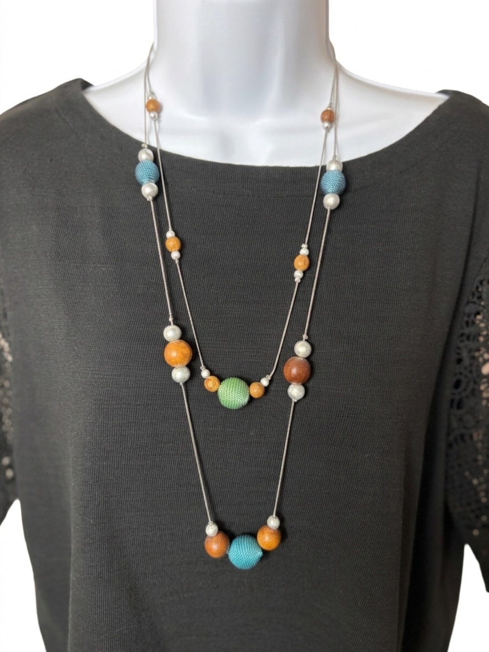 Artisanal Multi-Strand Statement Necklace with Fabric and Wooden Beads